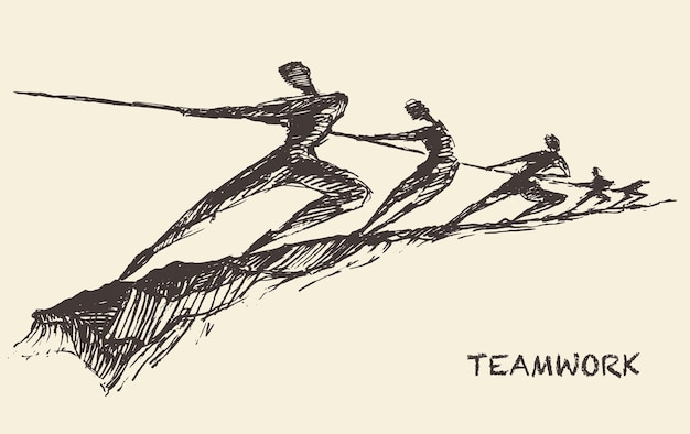 Sketch of a team, pulling line. Teamwork, partnership concept vector illustration