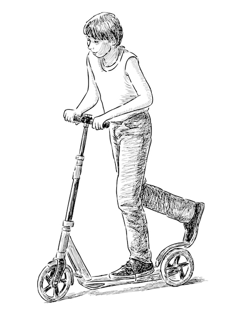 Sketch of teen boy riding a scooter