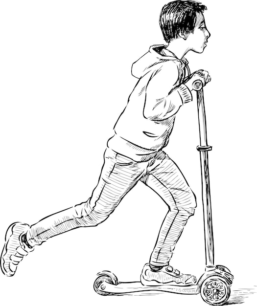 Sketch of teen boy riding a scooter