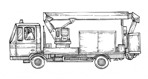 Sketch truck aerial platform. Truck crane. Construction machines