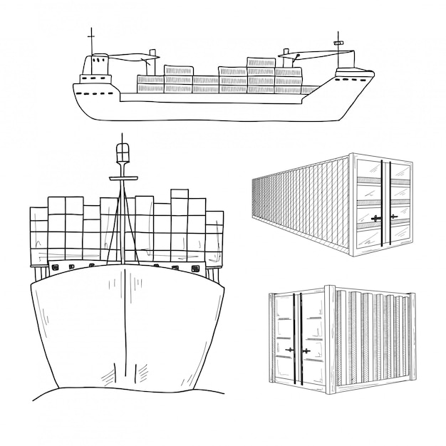 Sketch various containers and cargo ships. Hand drawn.