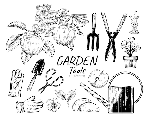 Sketch vector set of gardening tools Hand drawn element illustration