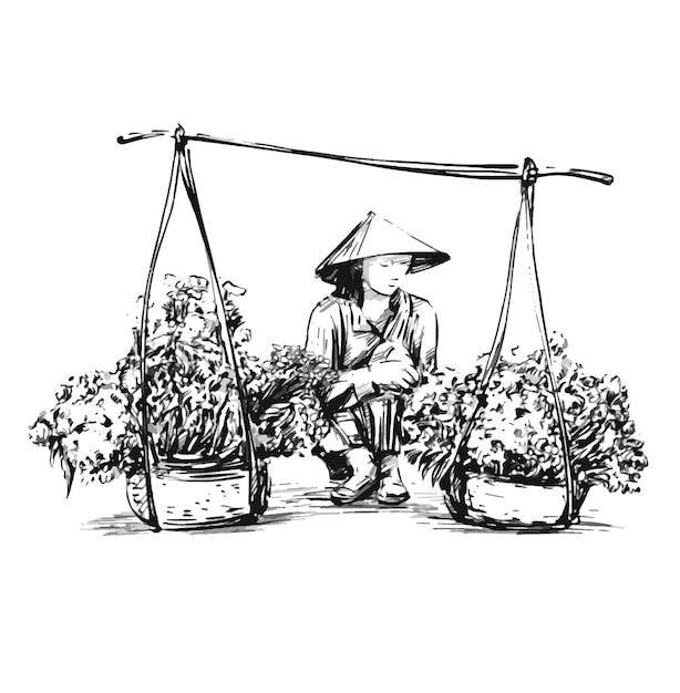 Sketch of a Vietnamese woman sales the flowers