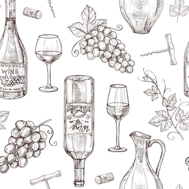 Sketch wine seamless pattern. Wine bottles wineglass corkscrew and grape. Winery, restaurant vector menu texture