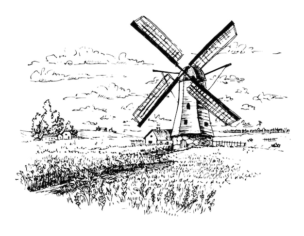 Sketch with old Wild Mill Illustration of Windmill Holland landscape with village and Field