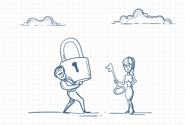 Sketch of a woman with key to man heart