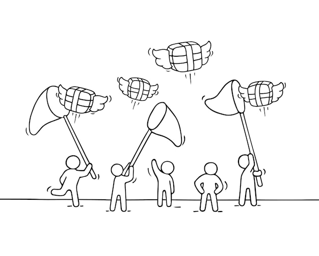 Sketch of working little people with flying gifts.