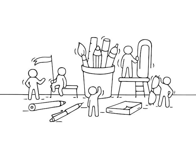 Sketch of working little people with office supplies. Doodle cute miniature scene of workers with stationery. Hand drawn cartoon vector illustration for business design.