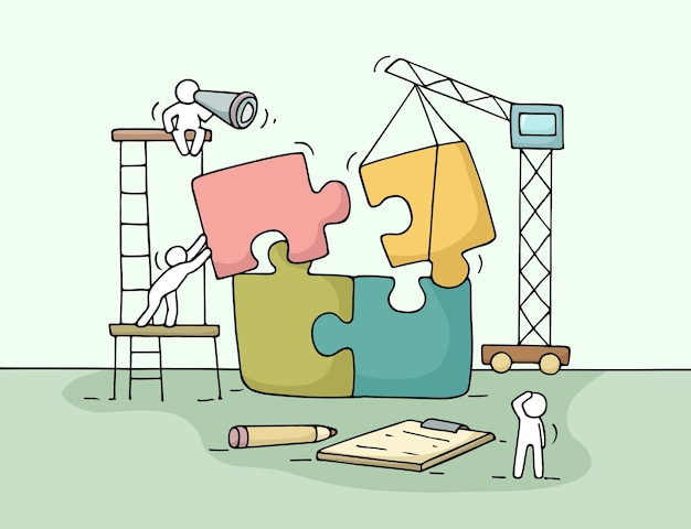 Vector sketch of working little people with puzzle teamwork scene of workers collect puzzle pieces