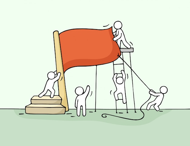 Sketch of working little people with red flag.