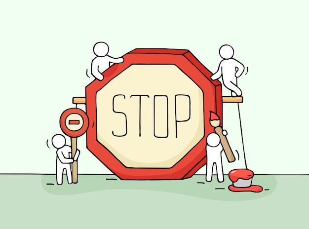 Sketch of working little people with stop sign.