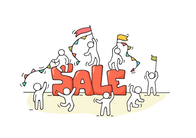 Sketch of working little people with word sale. Doodle cute miniature scene of workers preparing for the shopping. Hand drawn cartoon 