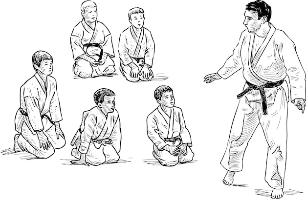 Sketch of wrestling trainer and his pupils in gym