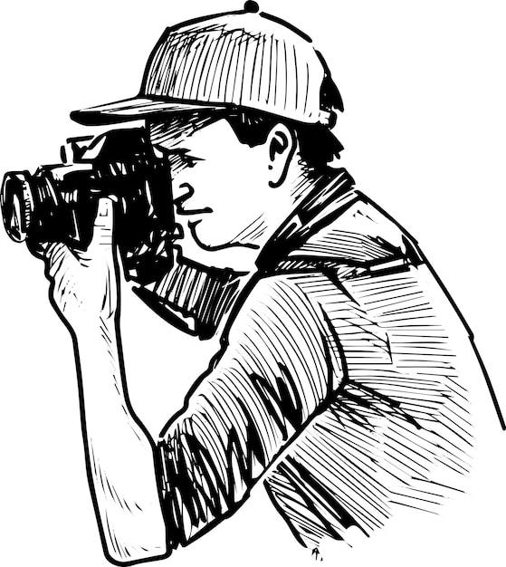 Sketch of young photographer shooting on his camera