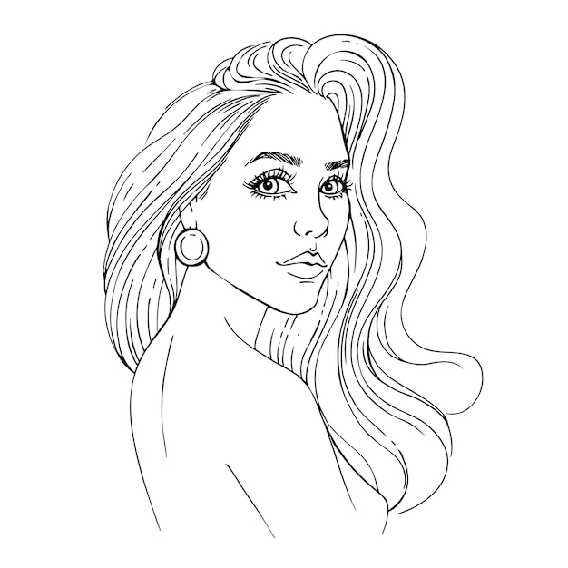 Sketch Young woman face with long hair.  Girl turning head. Outline hand drawn illustration