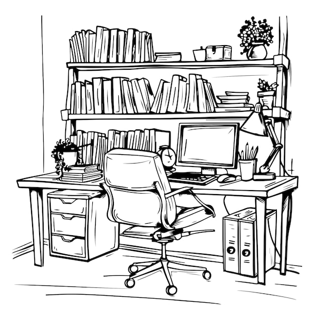 Vector sketched cartoon outline vector illustration of home office