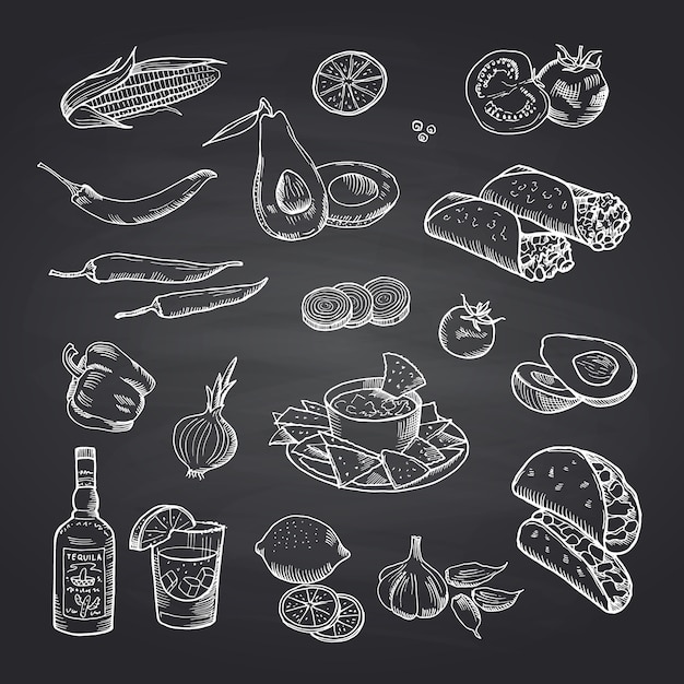  sketched mexican food elements set on black chalkboard