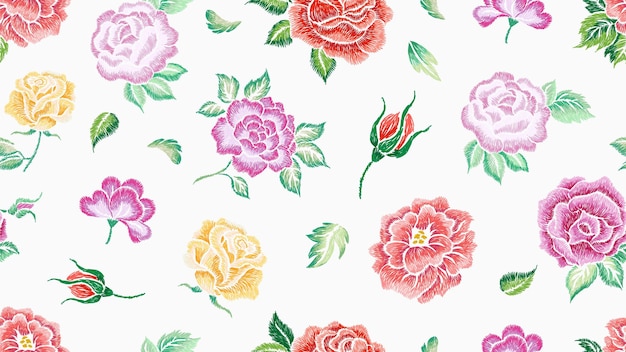 Sketched roses seamless pattern Embroidery imitation template Rose and leaves background Beautiful floral wallpaper print vector illustration