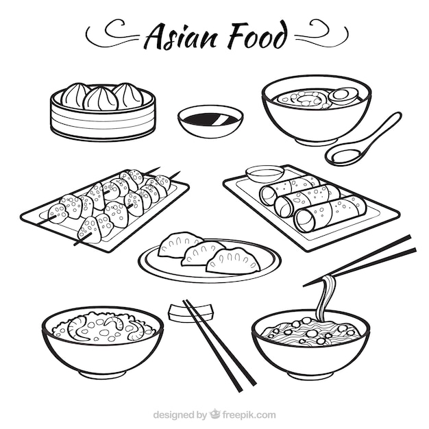 Sketches bolws with asian food