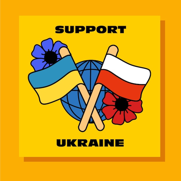 Sketches of a character with a flag in his hands Flag of Poland and Ukraine on the background of flowers and the planet symbol of peace and friendship on a yellow background