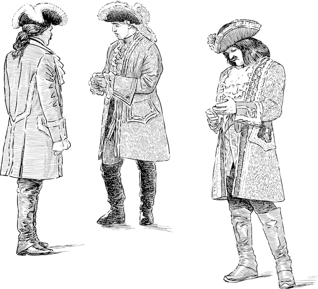 Vector sketches of gentelmen in vintage costumes of 18th century