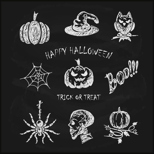 Sketches Halloween icons on black chalkboard