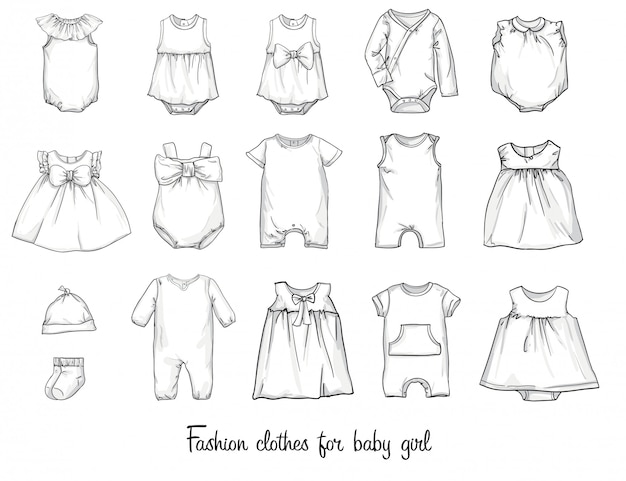 Sketches of models of fashionable clothes for babies. Vector illustration.