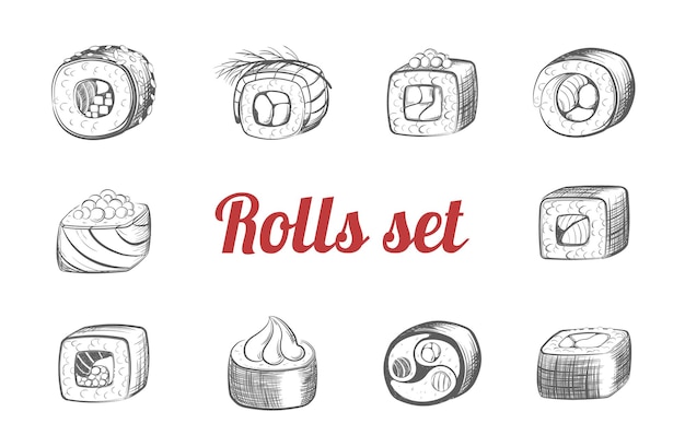 Sketches of sushi rolls set. Traditional japanese food of seafood and rice fresh fish pieces wrapped in seaweed delicious sashimi with soy sauce and wasabi delicious variety. Vector monochrome lunch.