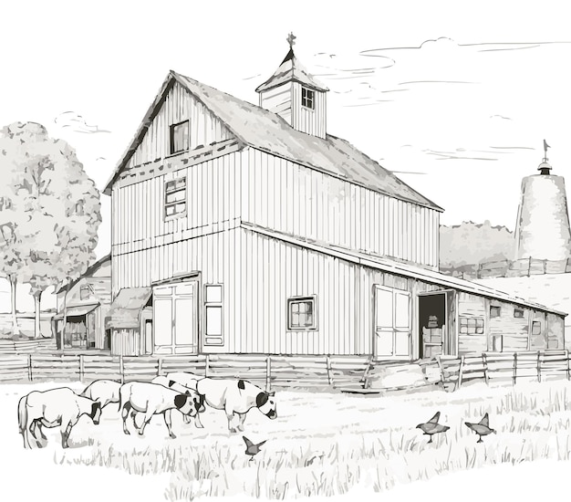 Sketching Tranquility Pencil Art Showcasing Farmers Country Houses Cattle and Serene Living