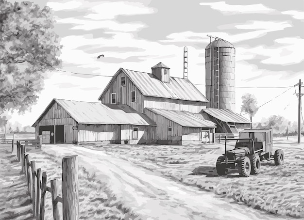 Sketching Tranquility Pencil Art Showcasing Farmers Country Houses Cattle and Serene Living