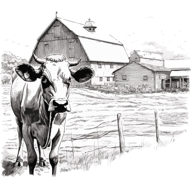 Sketching Tranquility Pencil Art Showcasing Farmers Country Houses Cattle and Serene Living