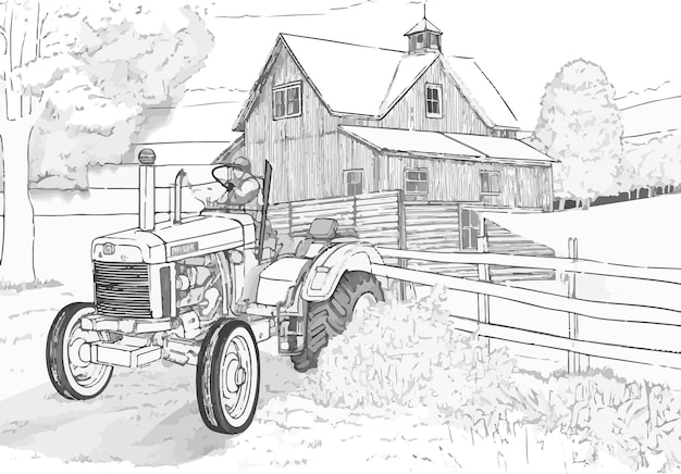 Sketching Tranquility Pencil Art Showcasing Farmers Country Houses Cattle and Serene Living