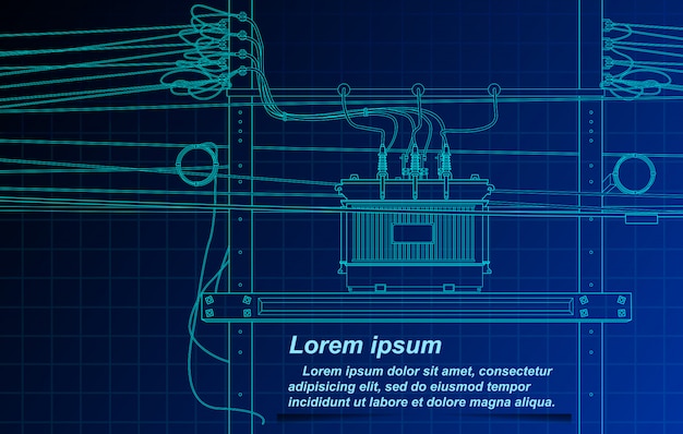 Vector sketching of transformer and cable on blueprint background.