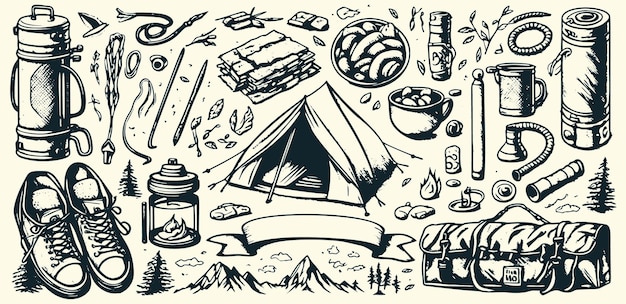 Sketchstyle vintage vector illustration set depicting outdoor activities and hiking objects for camping concept