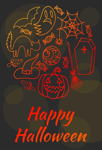 Sketchy vector hand drawn Doodle cartoon set of objects and symbols on the Halloween for poster or greeting cards