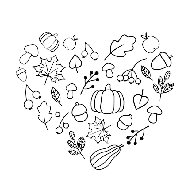 Sketchy vector hand drawn leaves pumpkin acorn Doodle set of objects and symbols on the autumn theme in the shape of heart