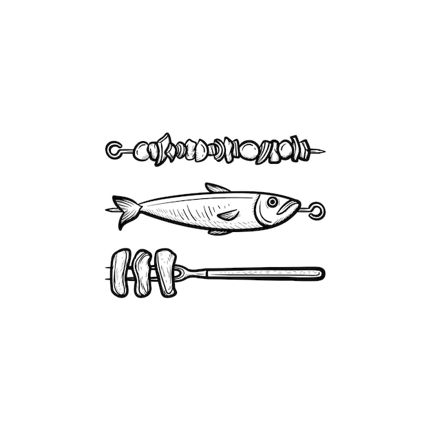 Skewer with shish kebab and grilled fish hand drawn outline doodle icon. Shish kebab from meat and fish vector sketch illustration for print, web, mobile and infographics isolated on white background.