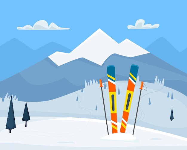 Ski equipment on resort. Snow mountains landscape. Flat certoon style vector illustration.