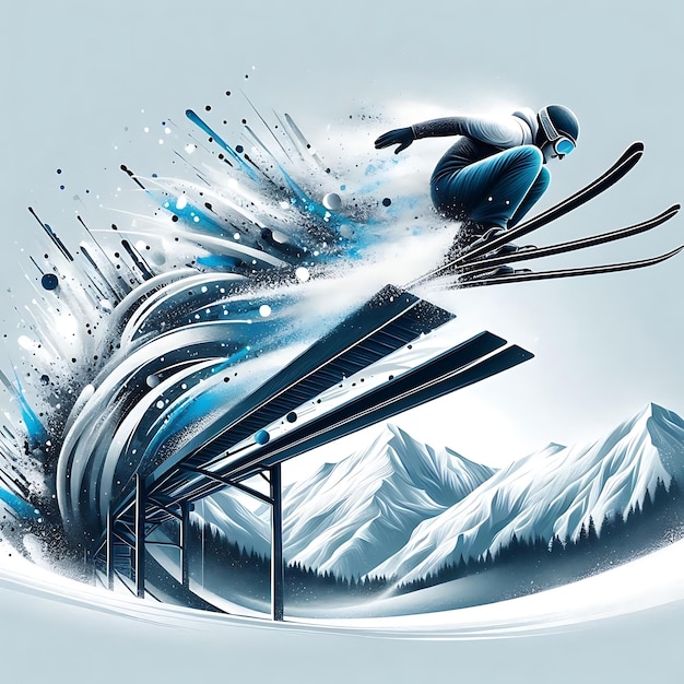 Vector ski jumper soaring off the ramp with explosive snow and energy