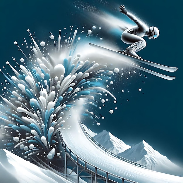 Vector ski jumper soaring off the ramp with explosive snow and energy