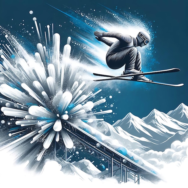 Vector ski jumper soaring off the ramp with explosive snow and energy