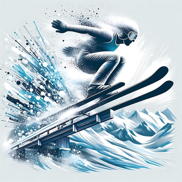 Vector ski jumper soaring off the ramp with explosive snow and energy