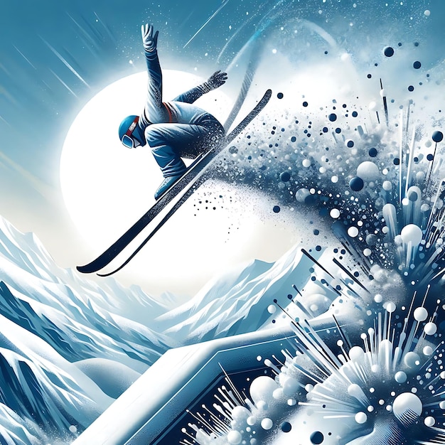 Vector ski jumper soaring off the ramp with explosive snow and energy