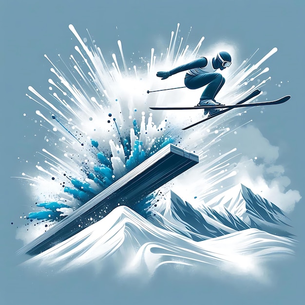 Vector ski jumper soaring off the ramp with explosive snow and energy