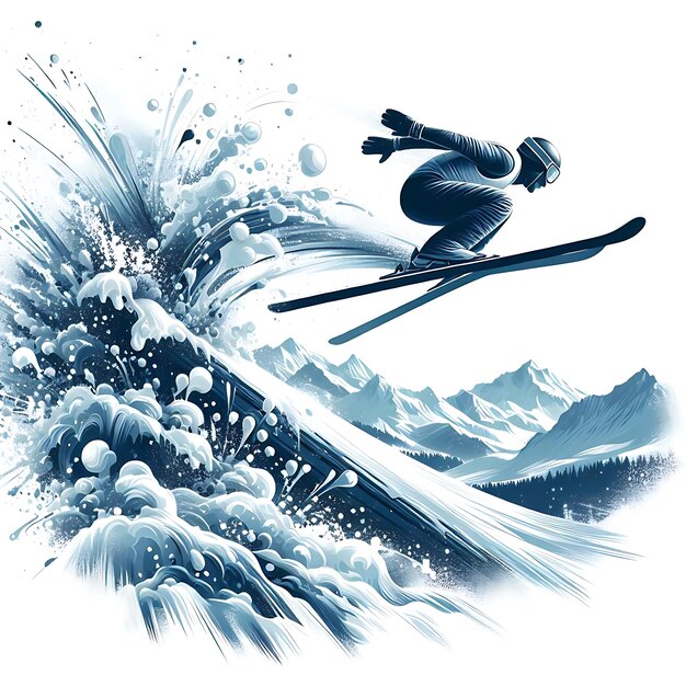 Vector ski jumper soaring off the ramp with explosive snow and energy