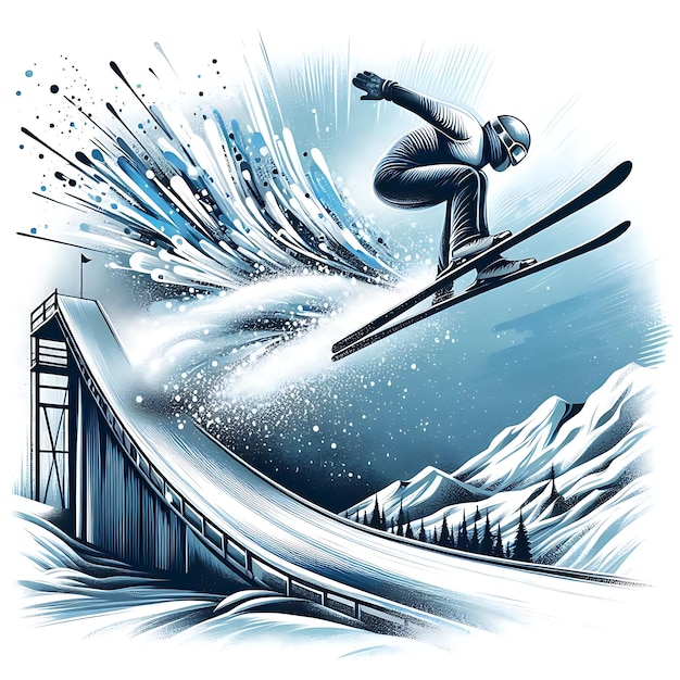 Vector ski jumper soaring off the ramp with explosive snow and energy