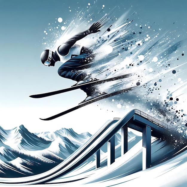 Ski jumper soaring off the ramp with explosive snow and energy