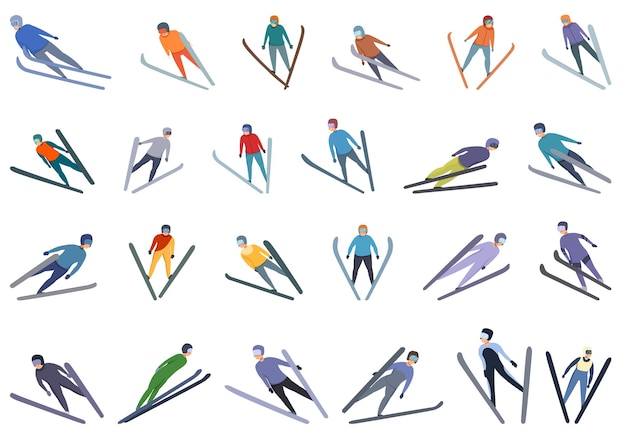 Ski jumping icons set cartoon vector Action jump