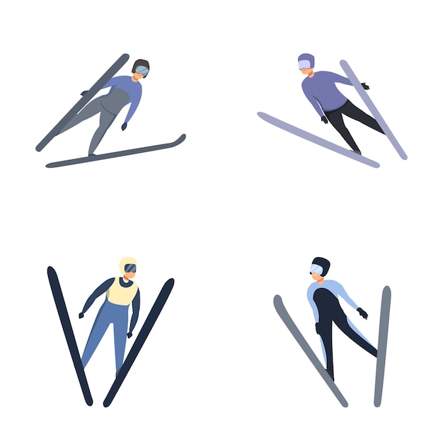 Vector ski jumping icons set cartoon vector active sporty man skiing