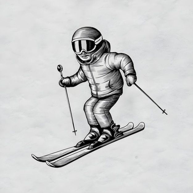 Vector ski monochrome ink sketch vector drawing engraving style illustration